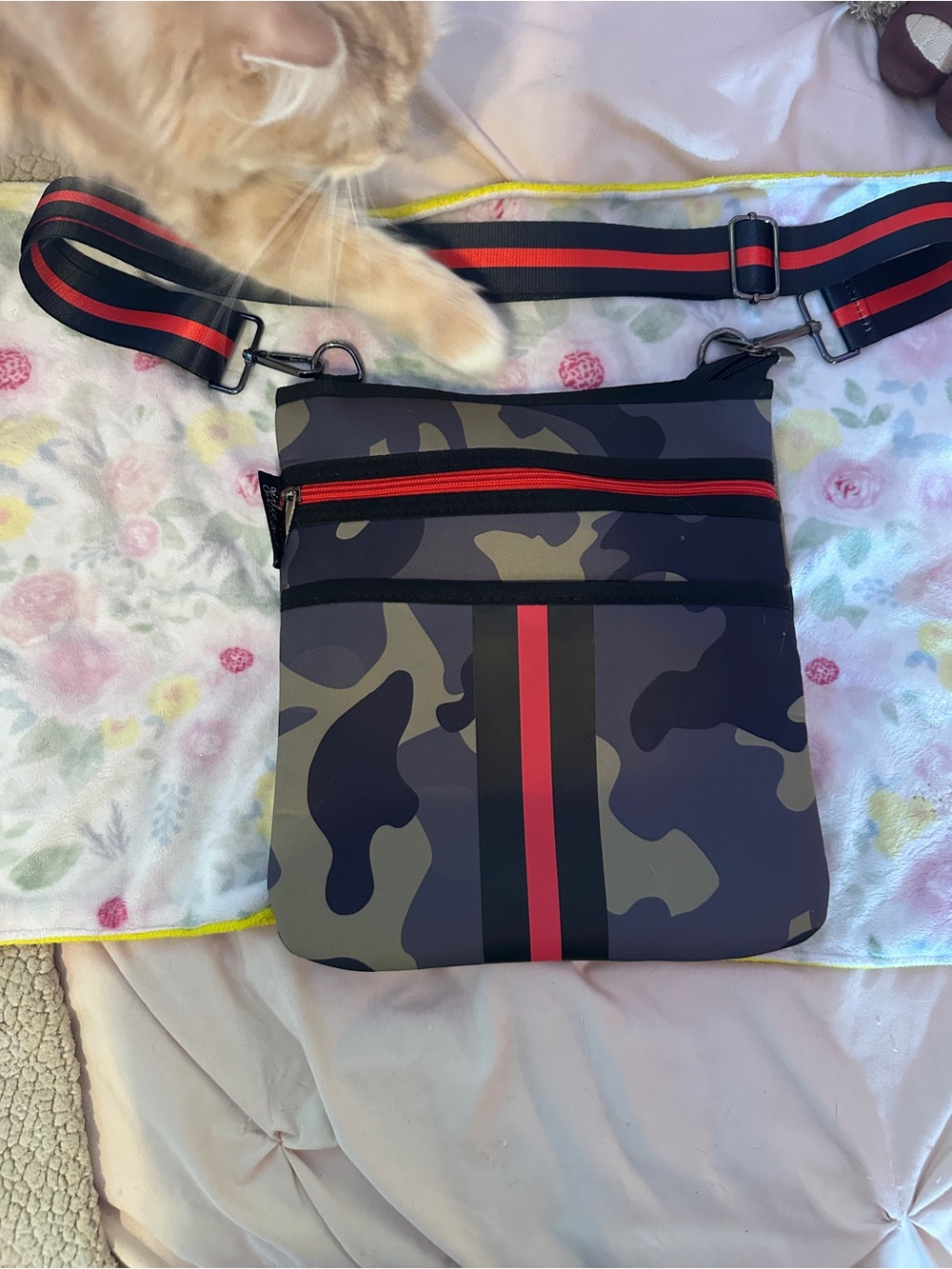 Olive Camo Shoulder Crossbody Bag with Red Stripe